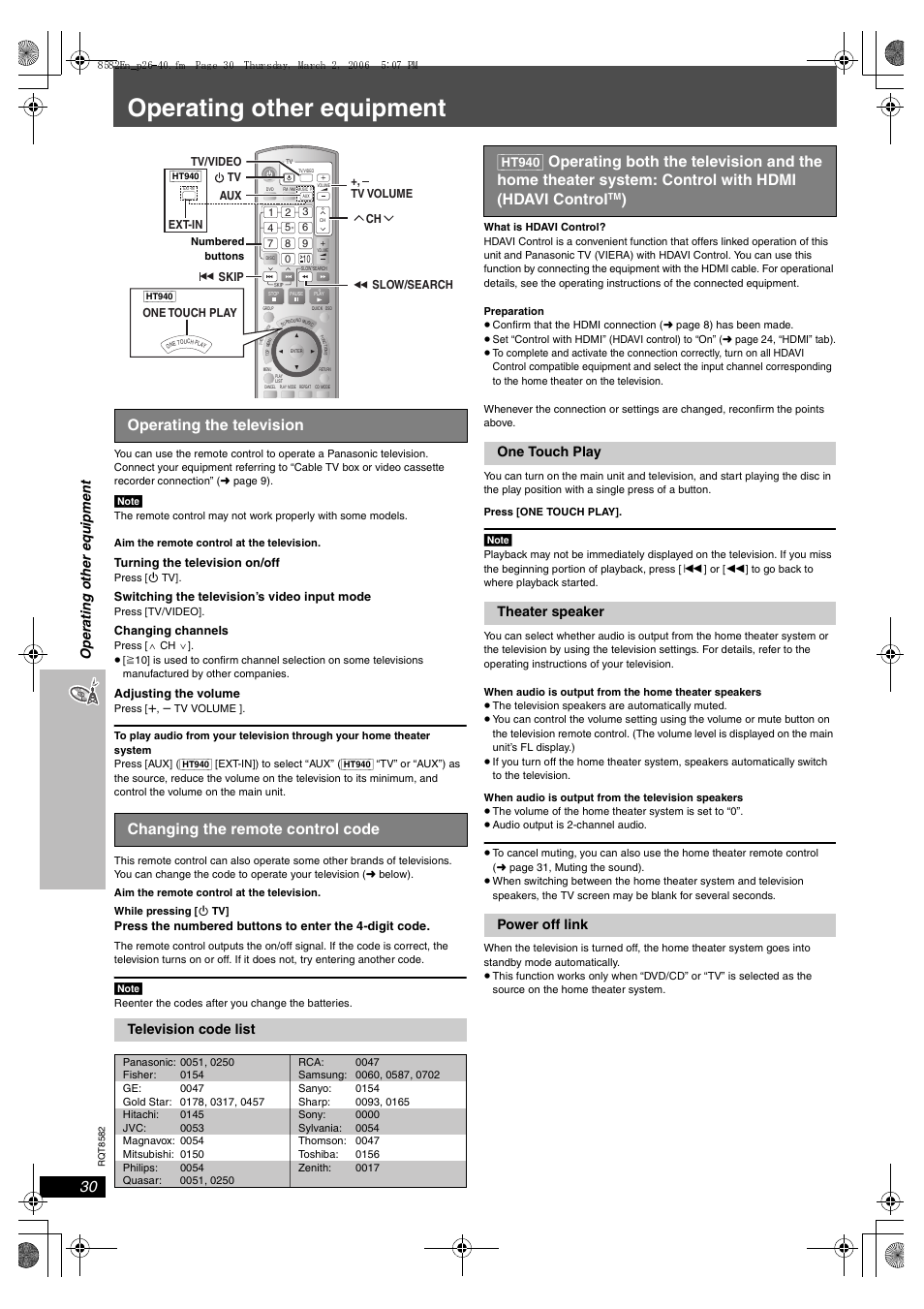 Operating other equipment, Operat ing o ther e quip m en t, Television code list | One touch play theater speaker power off link | Panasonic SC-HT743 User Manual | Page 30 / 40