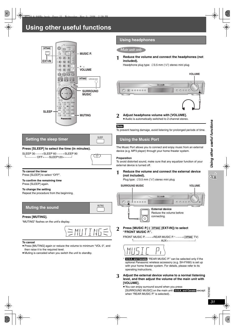 Using other useful functions, Setting the sleep timer muting the sound, Using headphones | Using the music port, Usin g oth e r us eful funct ions, Ain unit only | Panasonic SC-HT743 User Manual | Page 31 / 40