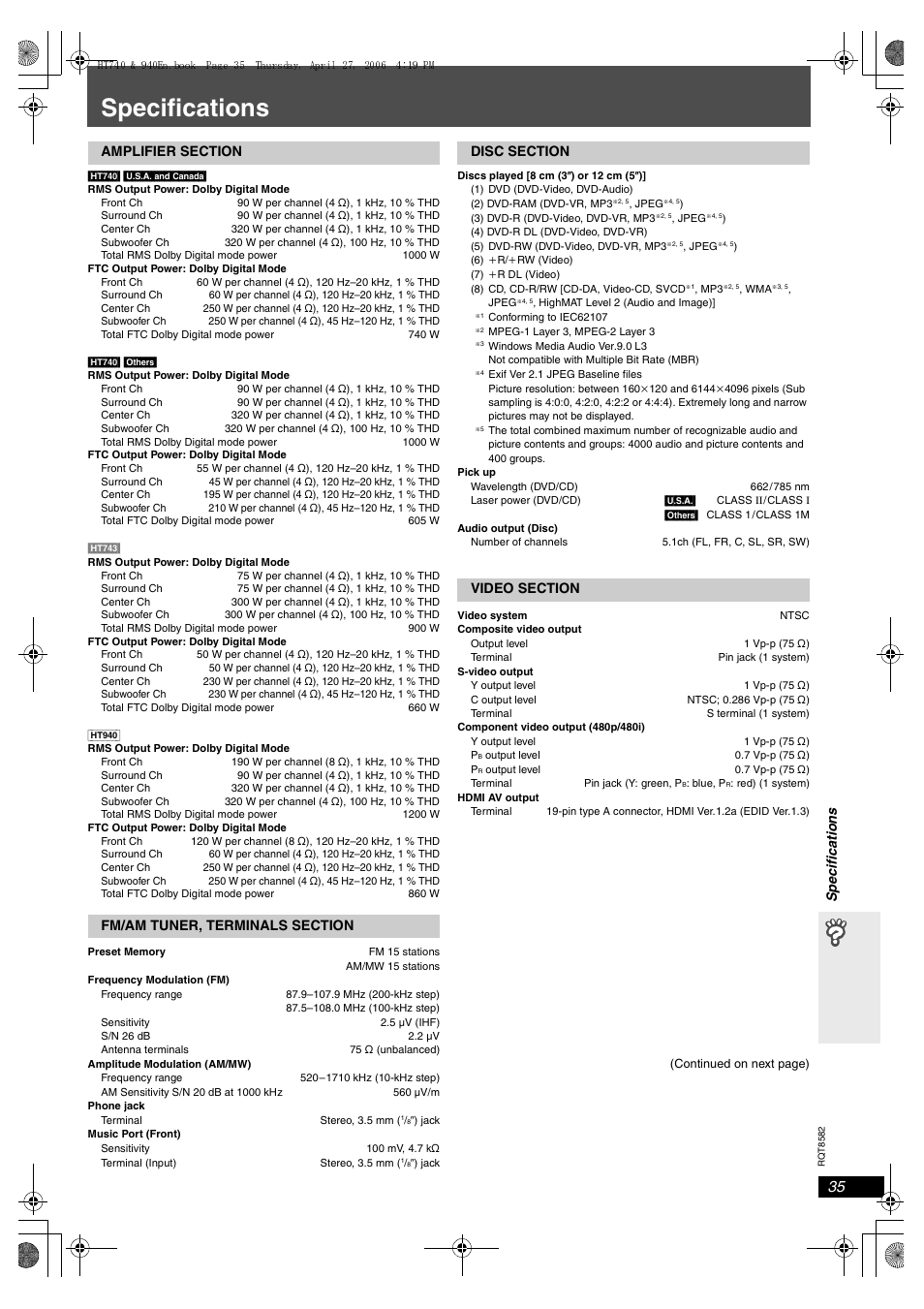 Specifications | Panasonic SC-HT743 User Manual | Page 35 / 40