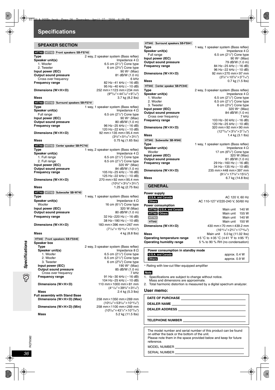 Specifications, Spe c ifi cati ons | Panasonic SC-HT743 User Manual | Page 36 / 40