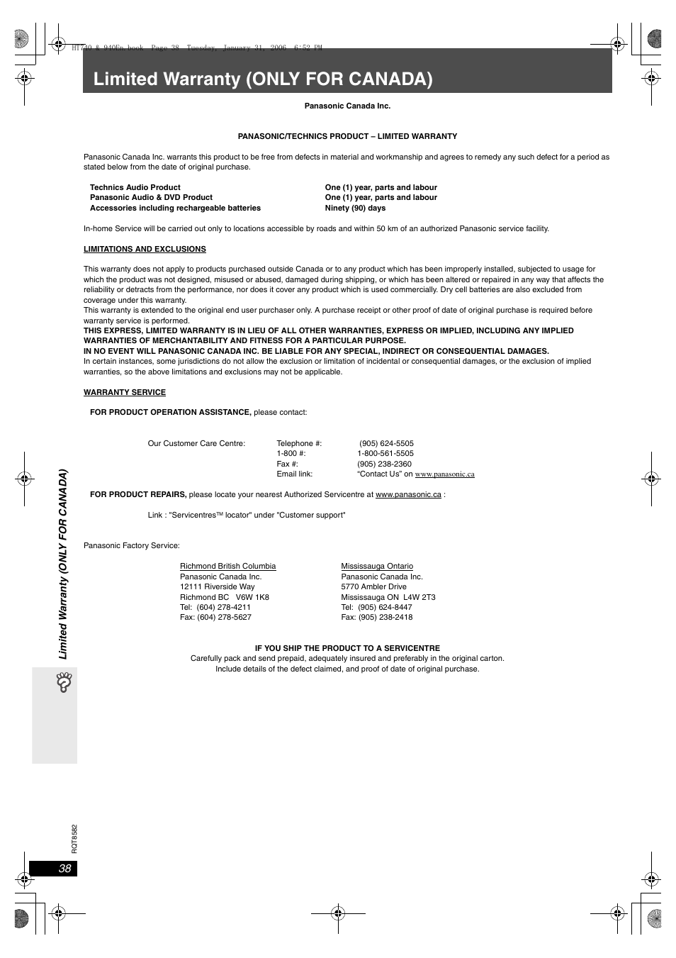 Limited warranty (only for canada) | Panasonic SC-HT743 User Manual | Page 38 / 40