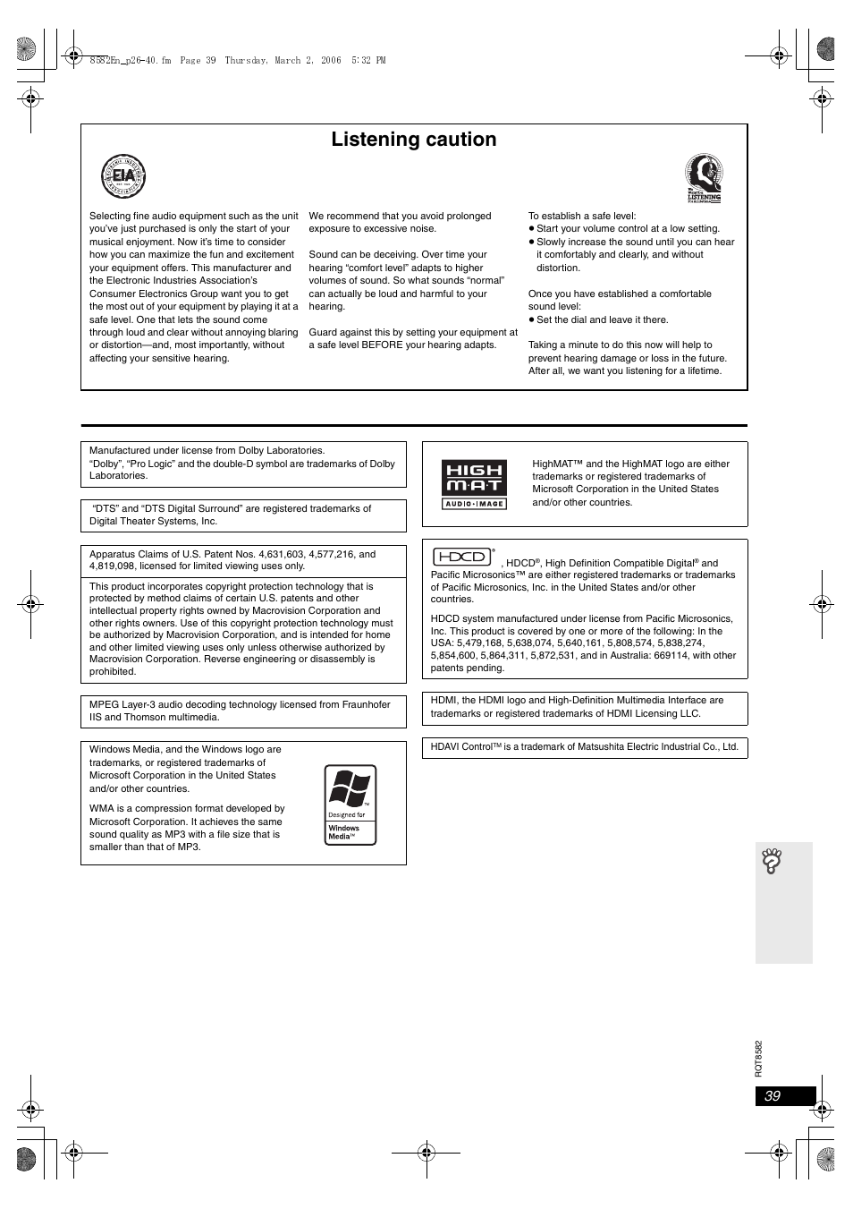 Listening caution | Panasonic SC-HT743 User Manual | Page 39 / 40