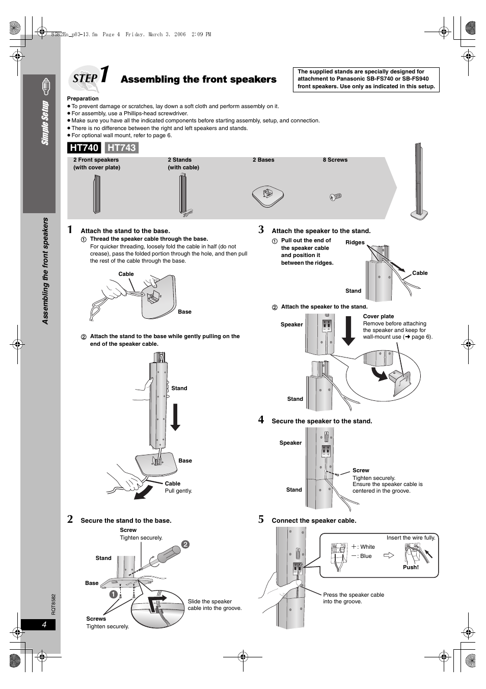 Step 1 assembling the front speakers, Step, Assembling the front speakers | Panasonic SC-HT743 User Manual | Page 4 / 40