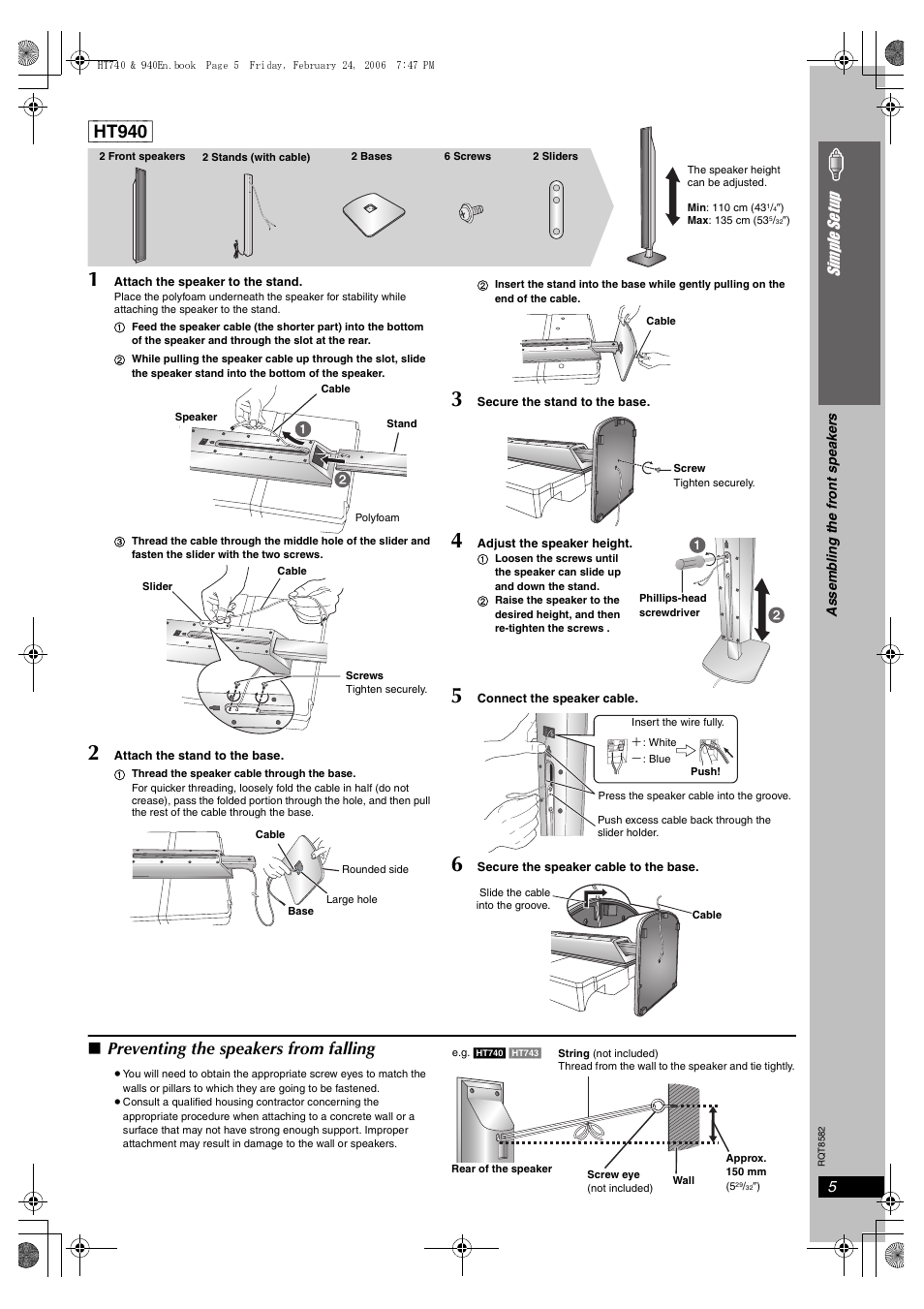 Ht940] 1, Preventing the speakers from falling, 5simple se tu p | Panasonic SC-HT743 User Manual | Page 5 / 40