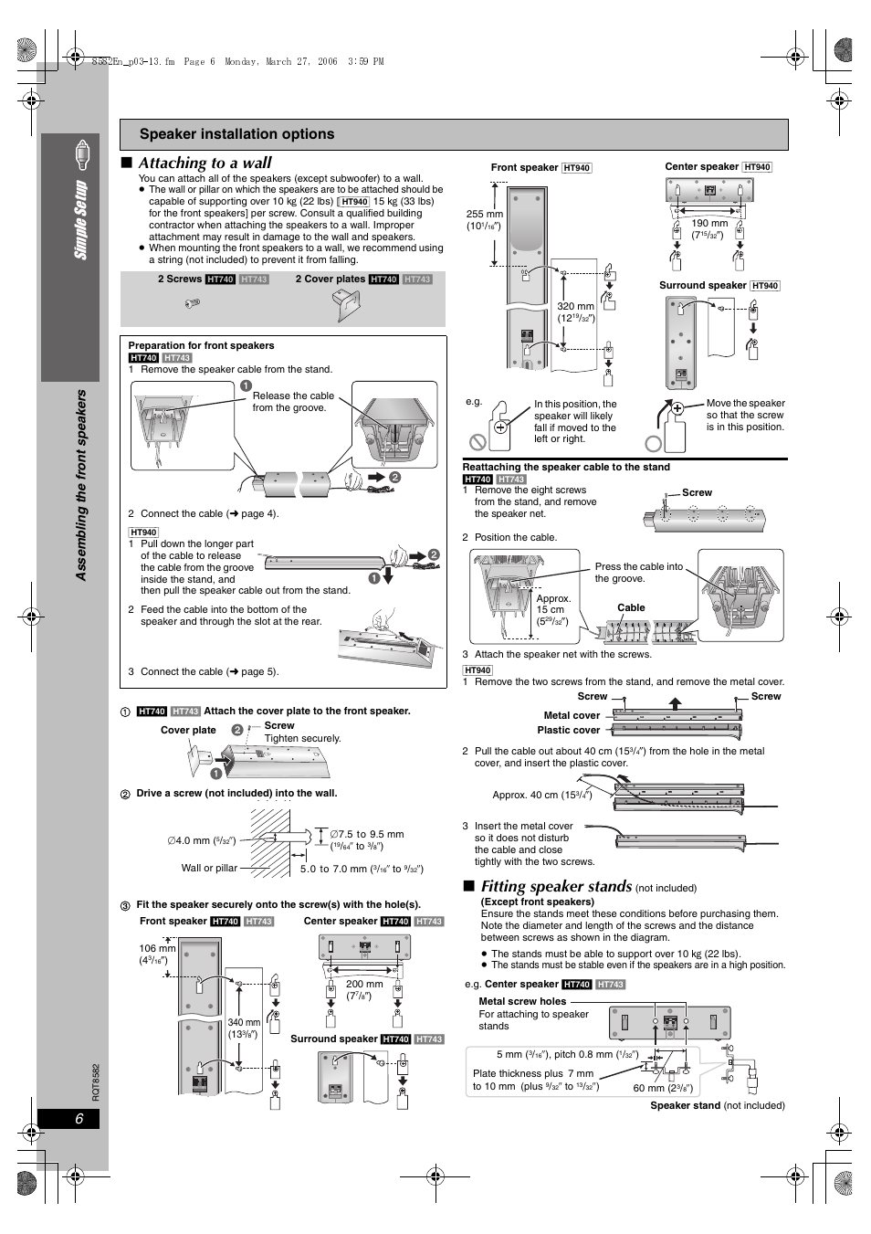 Attaching to a wall, Fitting speaker stands, 6simple se tu p | Speaker installation options, As sem b ling the fr ont spe ake rs | Panasonic SC-HT743 User Manual | Page 6 / 40