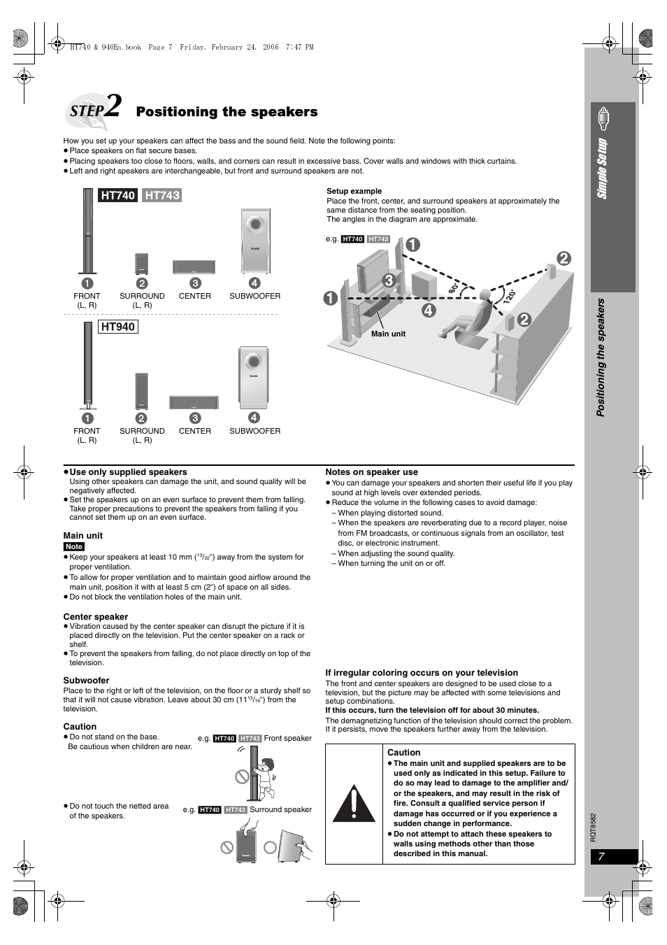 Step 2 positioning the speakers, Step, Positioning the speakers | 7simple se tu p | Panasonic SC-HT743 User Manual | Page 7 / 40