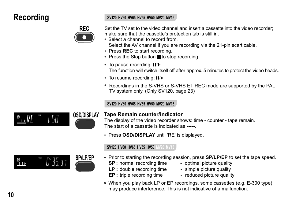 Recording, Osd/display sp/lp/ep | Panasonic NV-MV15  EN User Manual | Page 10 / 32