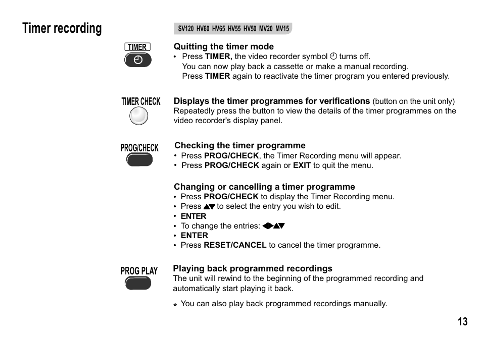 Timer recording, Prog/check prog play, Timer check | Panasonic NV-MV15  EN User Manual | Page 13 / 32