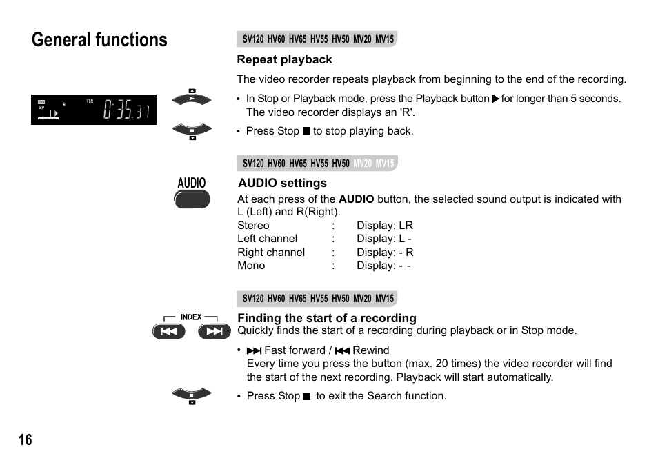 General functions, Audio | Panasonic NV-MV15  EN User Manual | Page 16 / 32