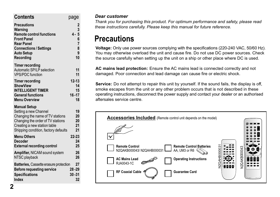 Precautions, Contents page | Panasonic NV-MV15  EN User Manual | Page 2 / 32