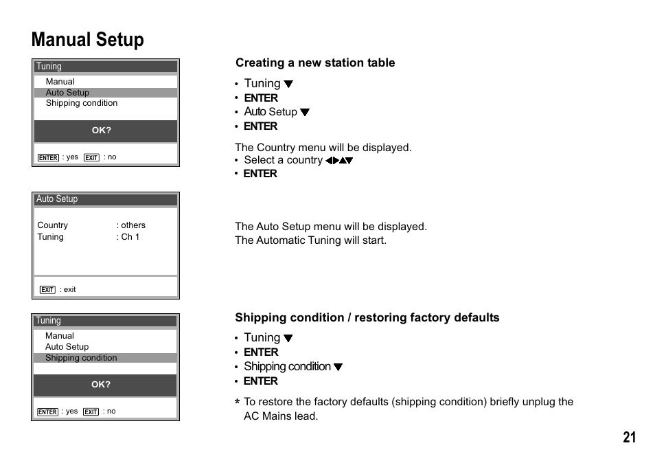 Manual setup, Tuning, Auto | Shipping condition | Panasonic NV-MV15  EN User Manual | Page 21 / 32