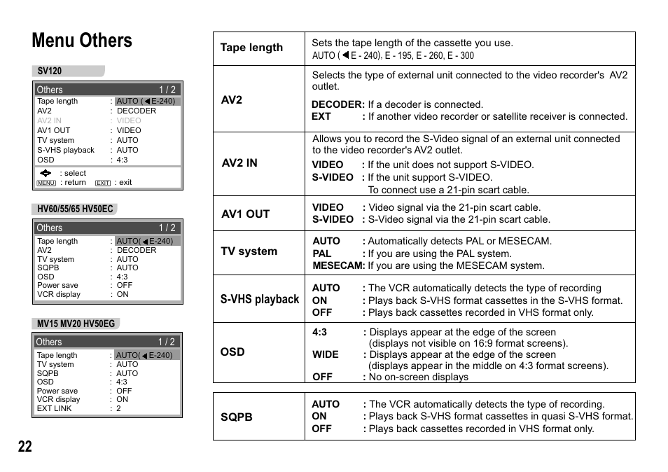 Menu others, S-vhs playback | Panasonic NV-MV15  EN User Manual | Page 22 / 32