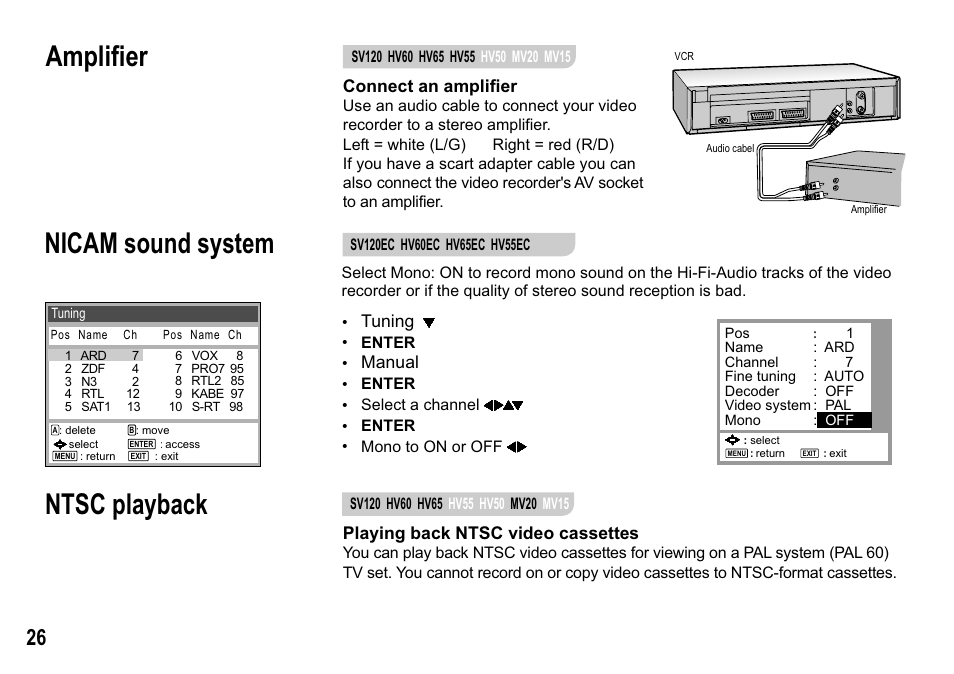 Amplifier, Ntsc playback, Nicam sound system | Connect an amplifier, Playing back ntsc video cassettes, Tuning, Manual | Panasonic NV-MV15  EN User Manual | Page 26 / 32