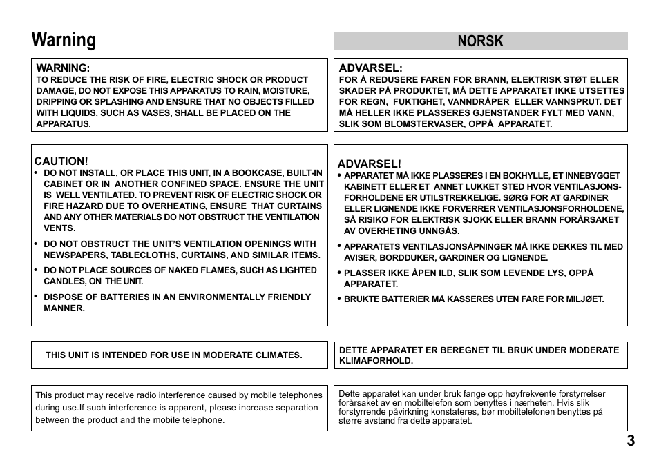 Warning, Norsk | Panasonic NV-MV15  EN User Manual | Page 3 / 32