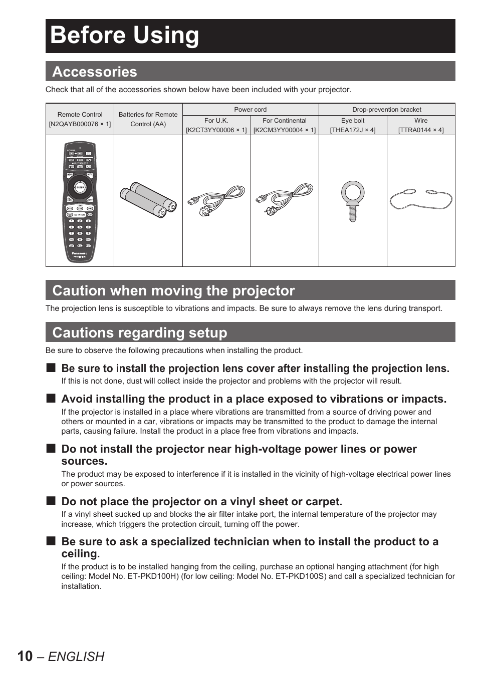 Before using, Accessories, Caution when moving the projector | Cautions regarding setup, English | Panasonic PT-D10000E User Manual | Page 10 / 122