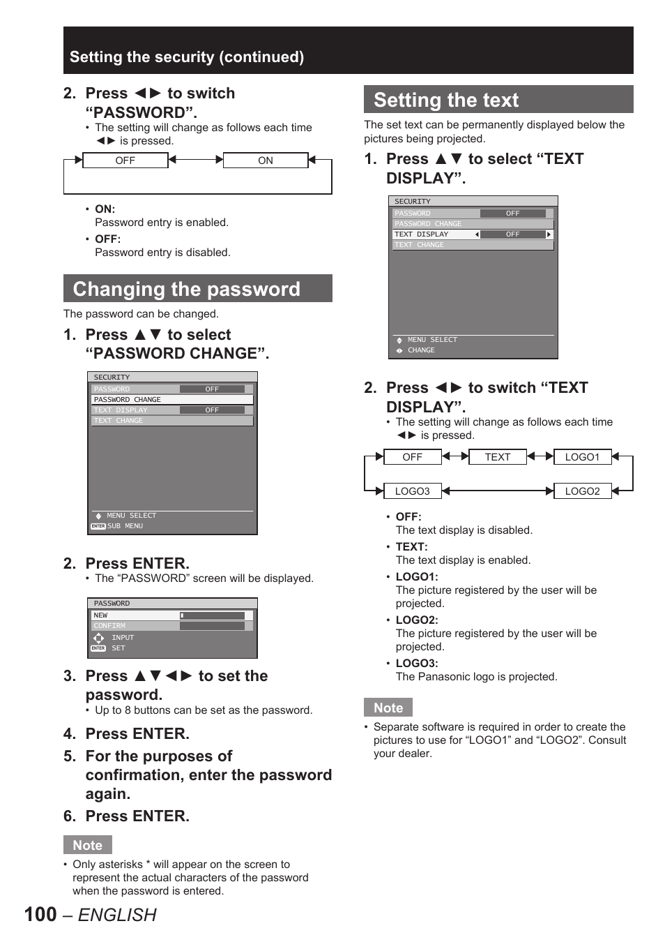 Changing the password, Setting the text, English | Press ◄► to switch “password, Press ▲▼◄► to set the password, Setting the security (continued) | Panasonic PT-D10000E User Manual | Page 100 / 122