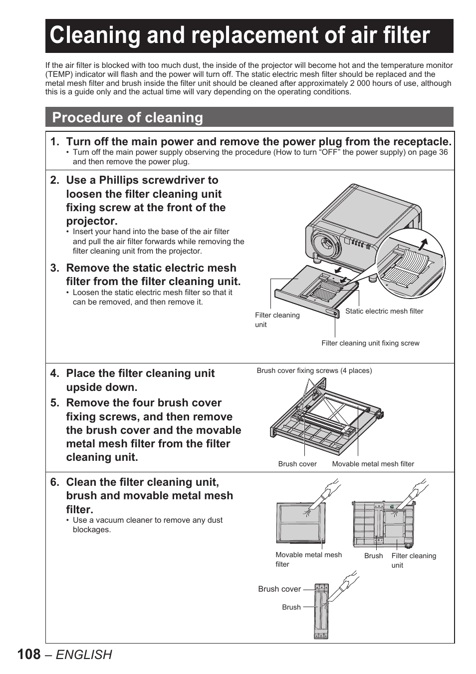 Cleaning and replacement of air filter, Procedure of cleaning, English | Panasonic PT-D10000E User Manual | Page 108 / 122