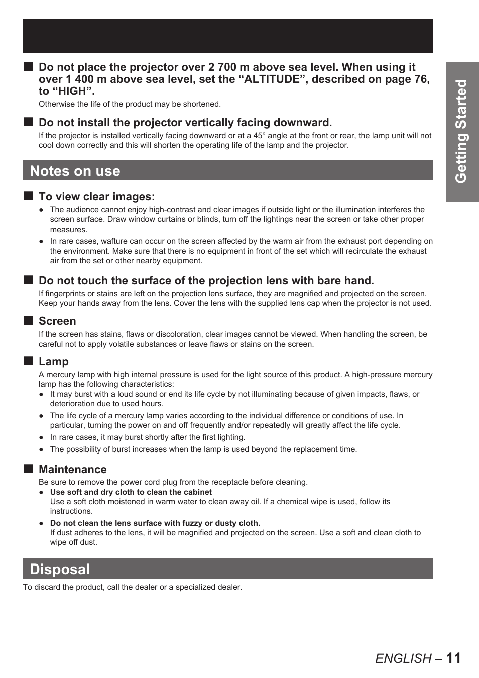 11 getting started, Disposal | Panasonic PT-D10000E User Manual | Page 11 / 122