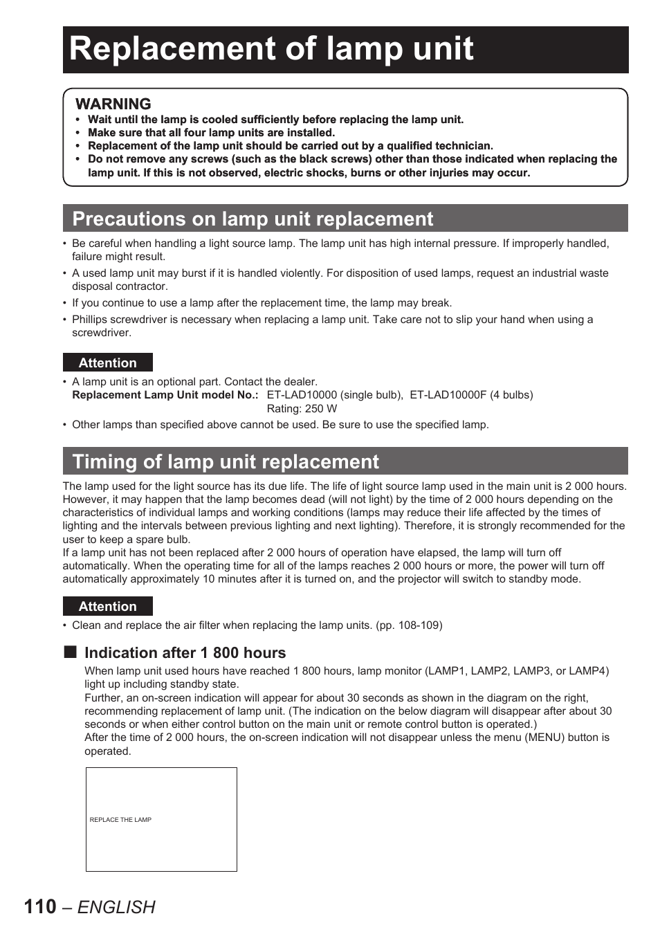 Replacement of lamp unit, Precautions on lamp unit replacement, Timing of lamp unit replacement | English | Panasonic PT-D10000E User Manual | Page 110 / 122