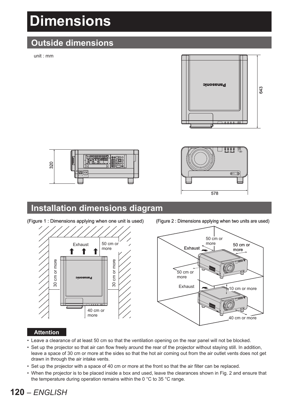 Dimensions, Outside dimensions installation dimensions diagram, English | Panasonic PT-D10000E User Manual | Page 120 / 122