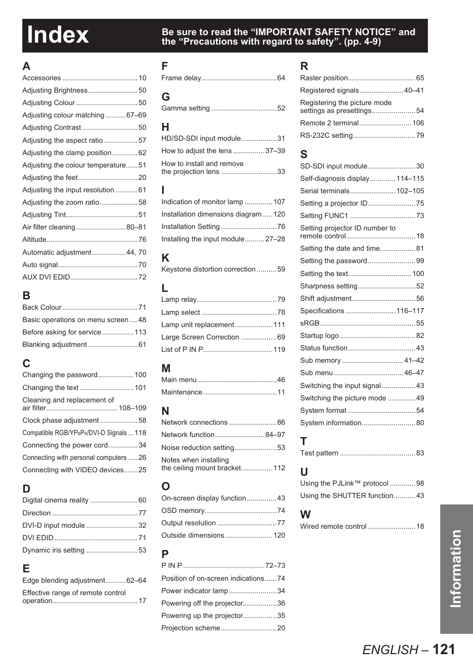 Index, Information, English | Panasonic PT-D10000E User Manual | Page 121 / 122