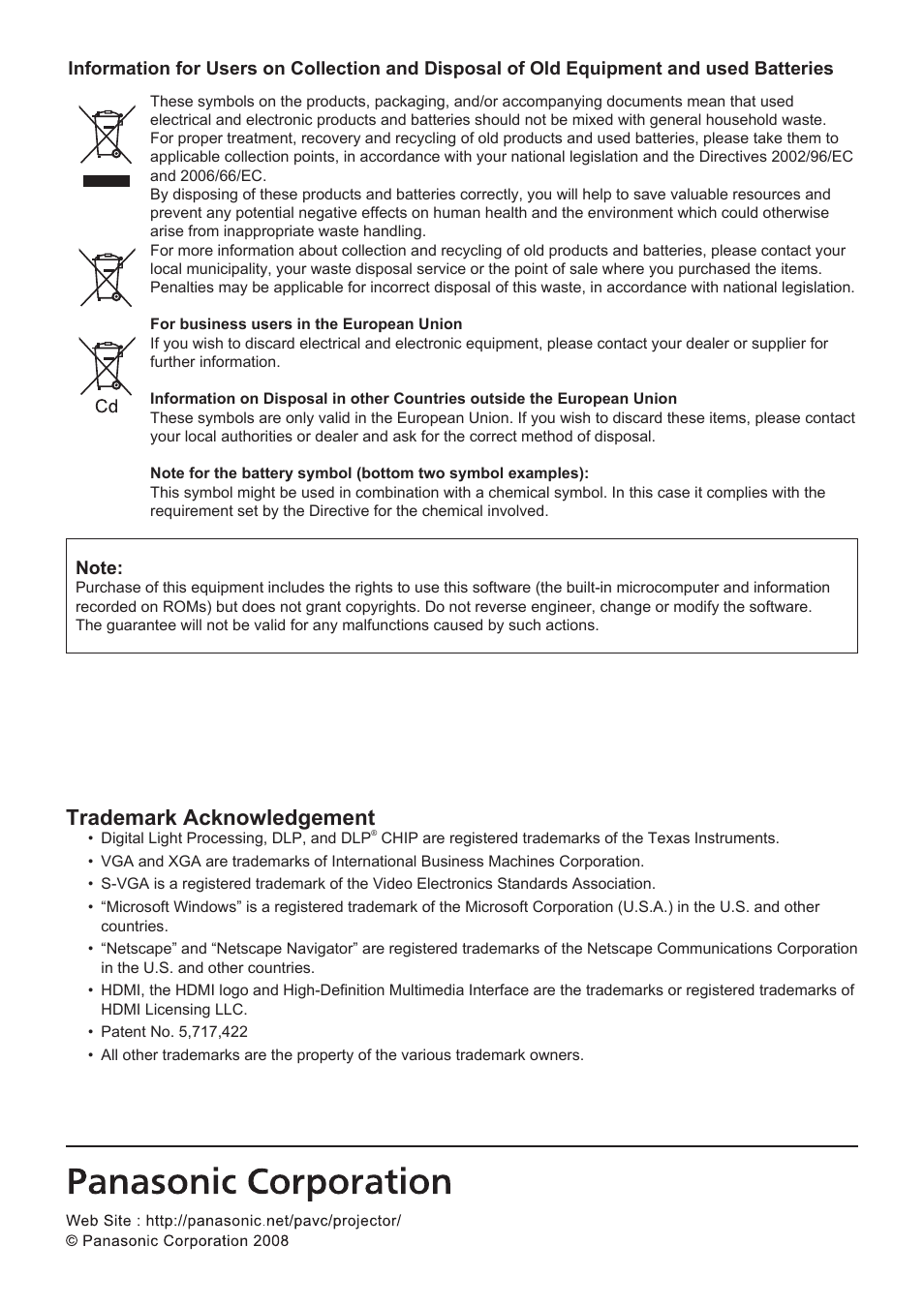 Trademark acknowledgement | Panasonic PT-D10000E User Manual | Page 122 / 122