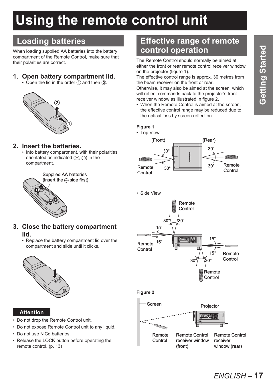 Using the remote control unit, 17 getting started loading batteries, Effective range of remote control operation | English, Open battery compartment lid, Insert the batteries, Close the battery compartment lid | Panasonic PT-D10000E User Manual | Page 17 / 122