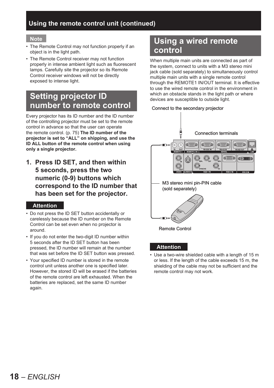 Setting projector id number to remote control, Using a wired remote control, English | Panasonic PT-D10000E User Manual | Page 18 / 122