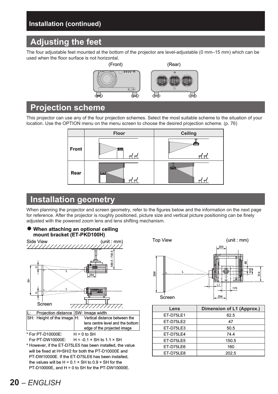 Adjusting the feet, Projection scheme, Installation geometry | English, Installation (continued) | Panasonic PT-D10000E User Manual | Page 20 / 122