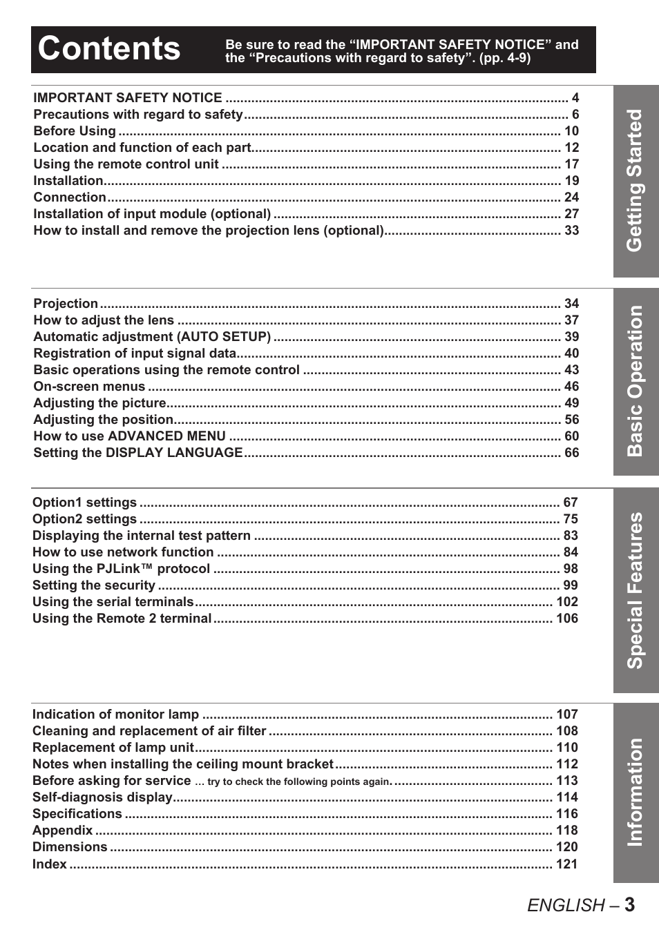 Panasonic PT-D10000E User Manual | Page 3 / 122