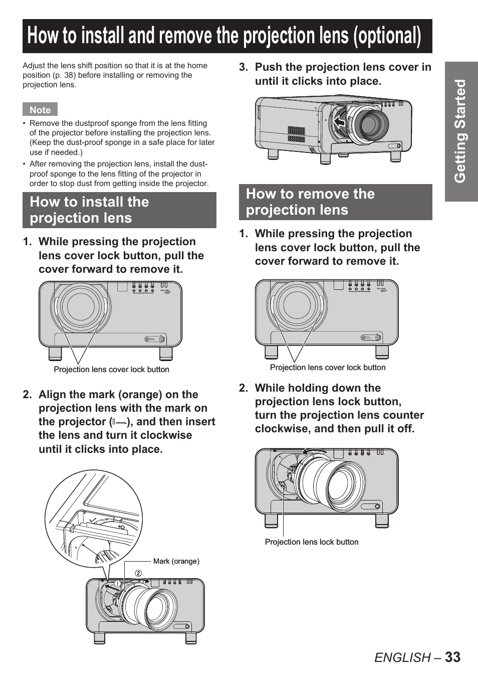 33 getting started, How to install the projection lens, How to remove the projection lens | English | Panasonic PT-D10000E User Manual | Page 33 / 122