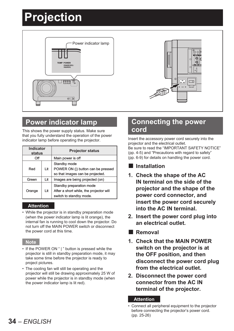 Projection, Power indicator lamp, Connecting the power cord | English | Panasonic PT-D10000E User Manual | Page 34 / 122