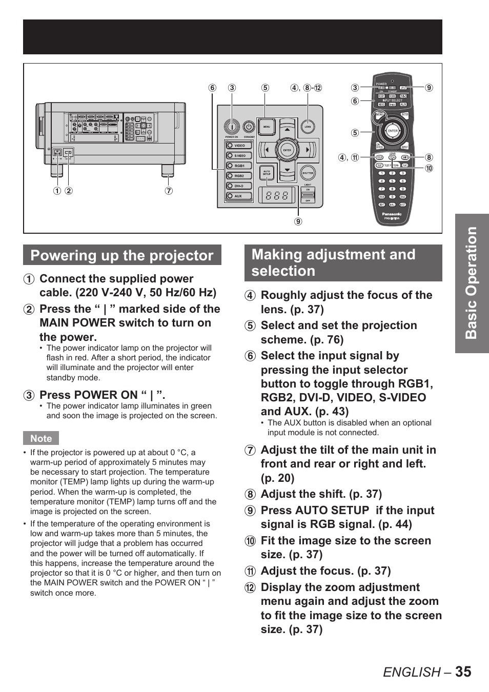 Basic operation, 35 powering up the projector, Making adjustment and selection | English | Panasonic PT-D10000E User Manual | Page 35 / 122