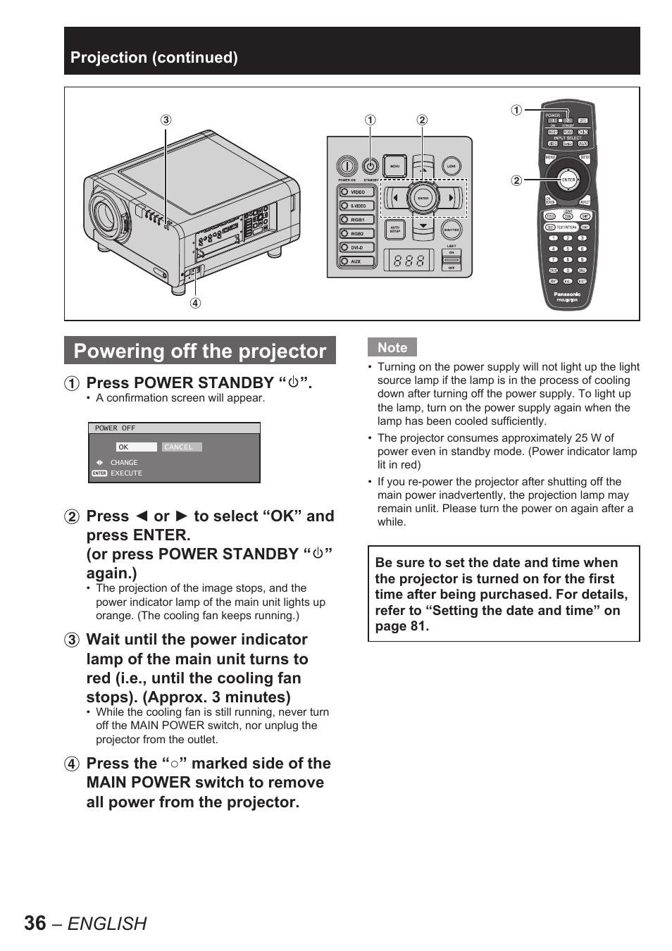 Powering off the projector, English, Press power standby | Projection (continued) | Panasonic PT-D10000E User Manual | Page 36 / 122
