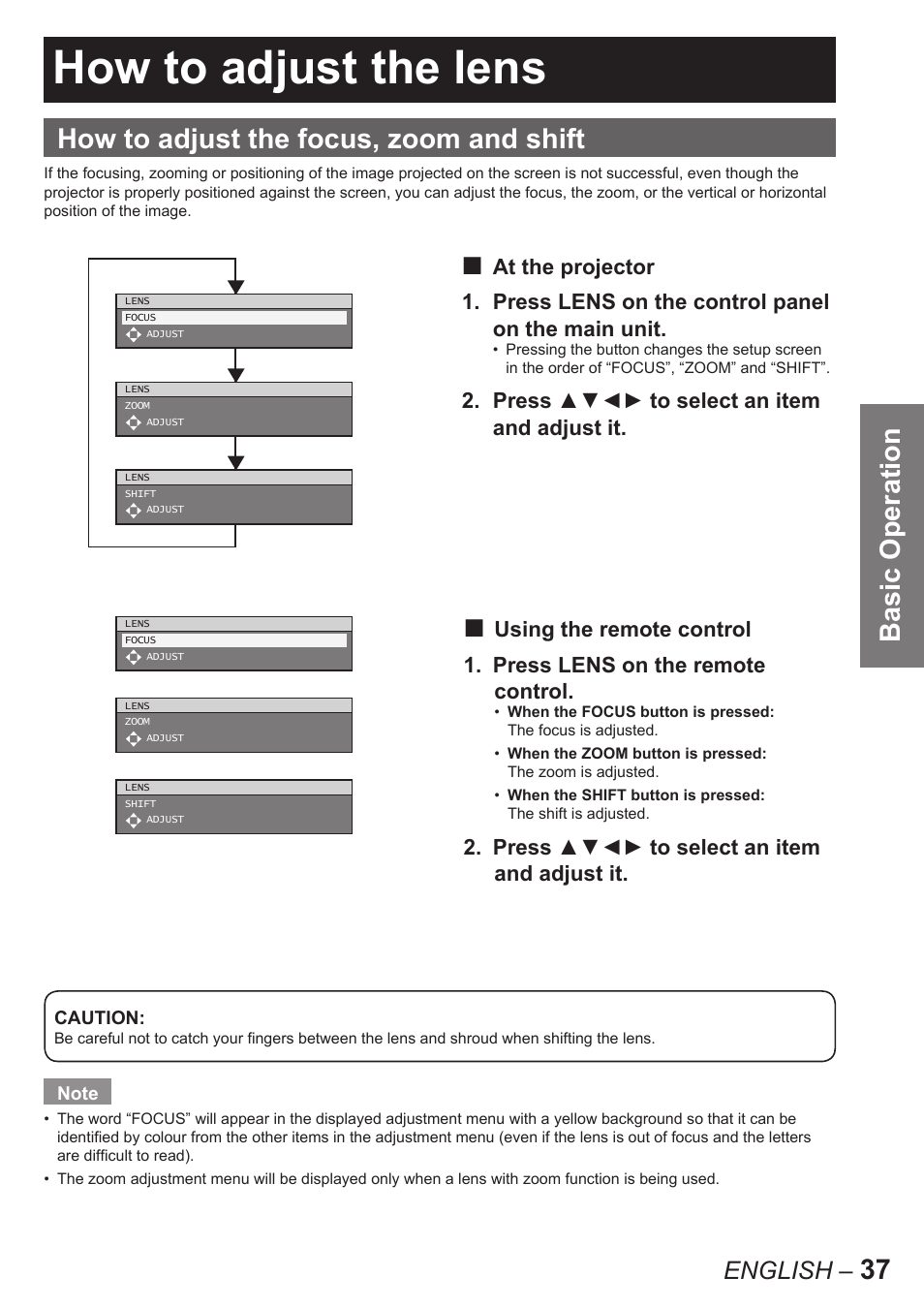 How to adjust the lens, Basic operation, How to adjust the focus, zoom and shift | English, Press ▲▼◄► to select an item and adjust it | Panasonic PT-D10000E User Manual | Page 37 / 122