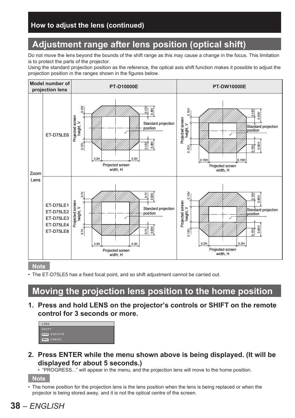 English, How to adjust the lens (continued) | Panasonic PT-D10000E User Manual | Page 38 / 122
