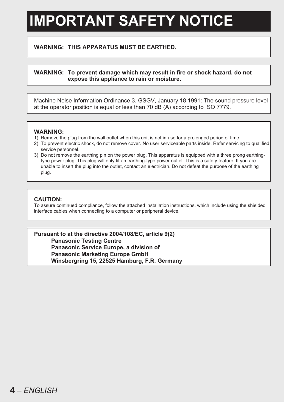 Important safety notice, English | Panasonic PT-D10000E User Manual | Page 4 / 122