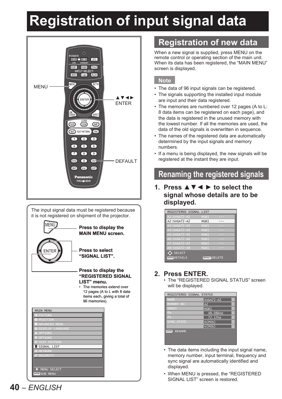 Registration of input signal data, Registration of new data, Renaming the registered signals | English | Panasonic PT-D10000E User Manual | Page 40 / 122