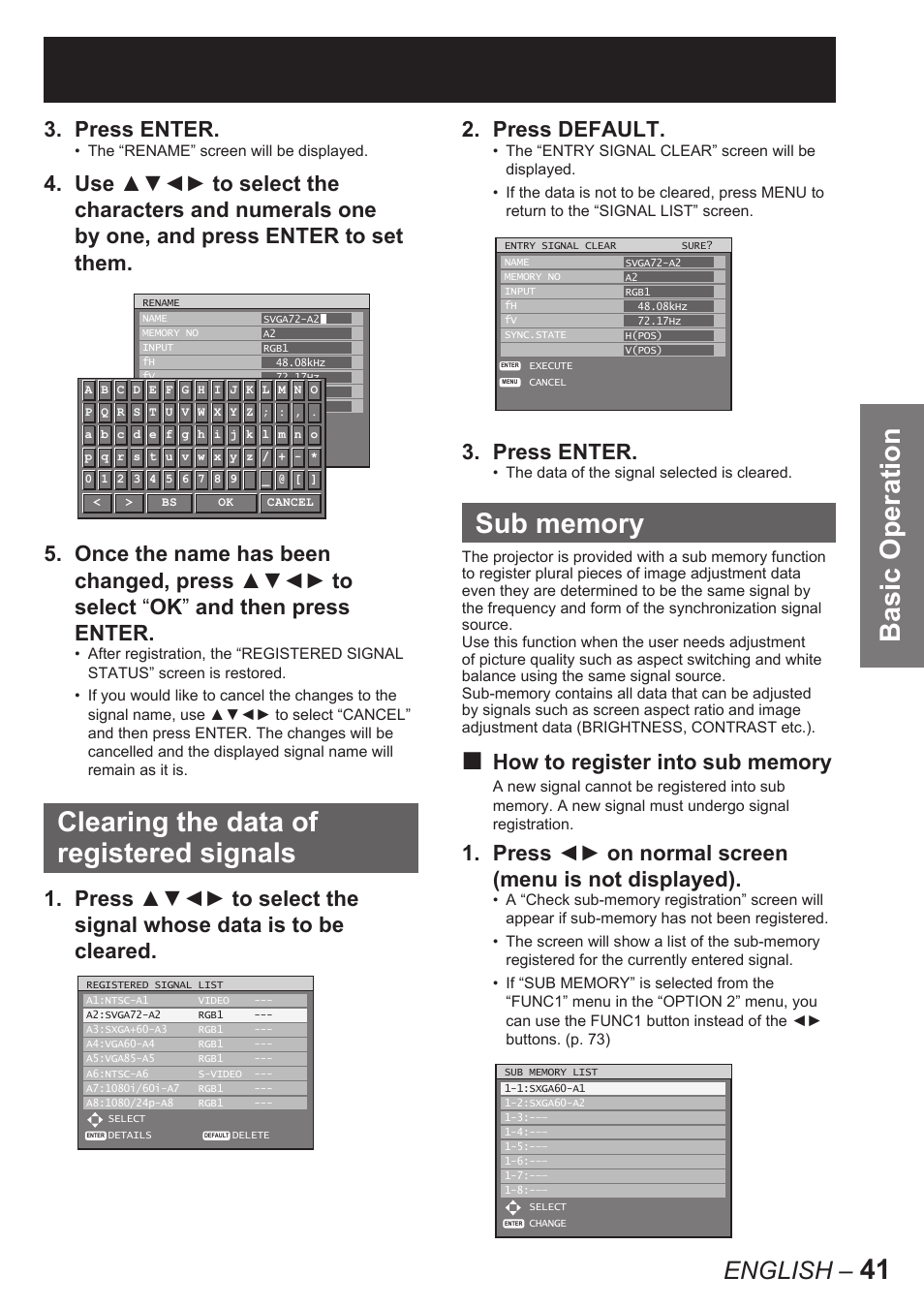Basic operation, Clearing the data of registered signals, English | Press enter, Press default, Press ◄► on normal screen (menu is not displayed) | Panasonic PT-D10000E User Manual | Page 41 / 122