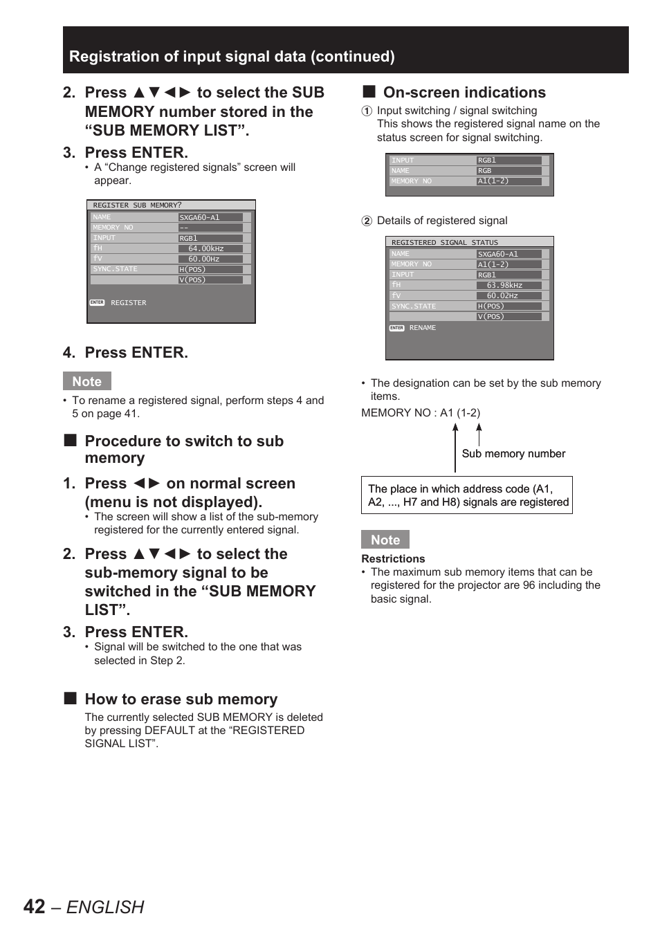English, Press enter, On-screen indications | Registration of input signal data (continued) | Panasonic PT-D10000E User Manual | Page 42 / 122