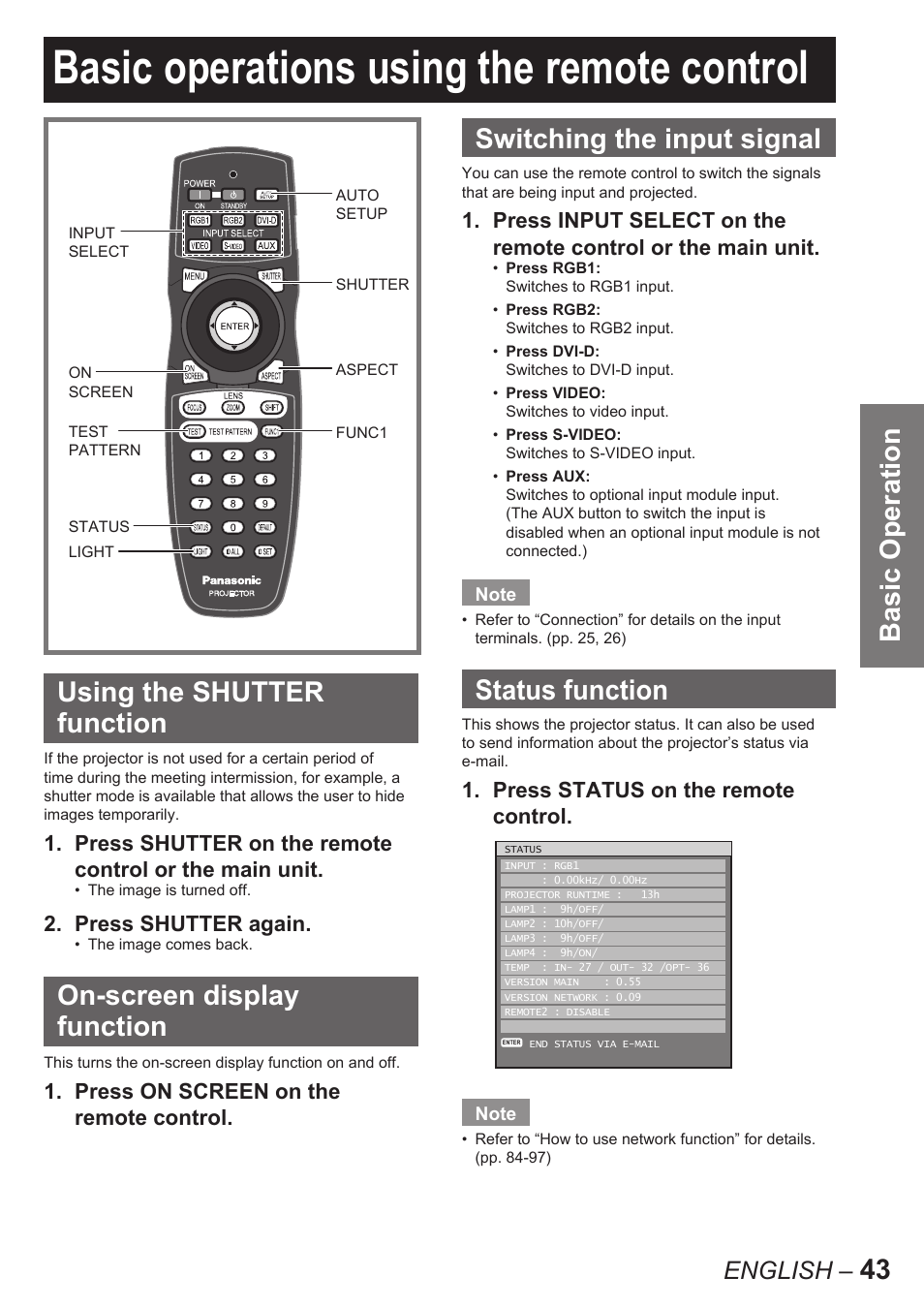 Basic operations using the remote control, Basic operation, 43 using the shutter function | On-screen display function, Switching the input signal, Status function, English | Panasonic PT-D10000E User Manual | Page 43 / 122