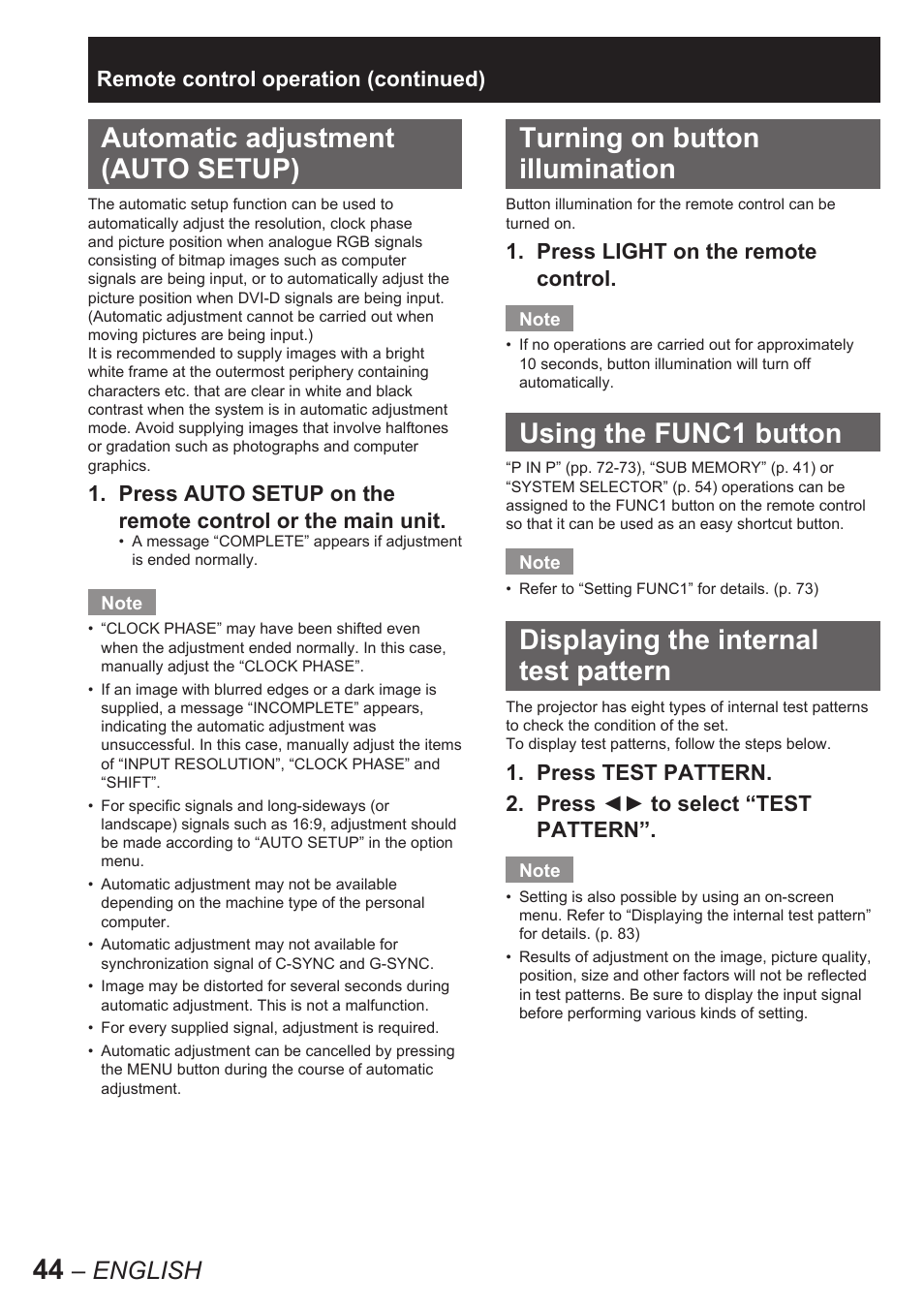 Automatic adjustment (auto setup), Turning on button illumination, Using the func1 button | Displaying the internal test pattern, English | Panasonic PT-D10000E User Manual | Page 44 / 122
