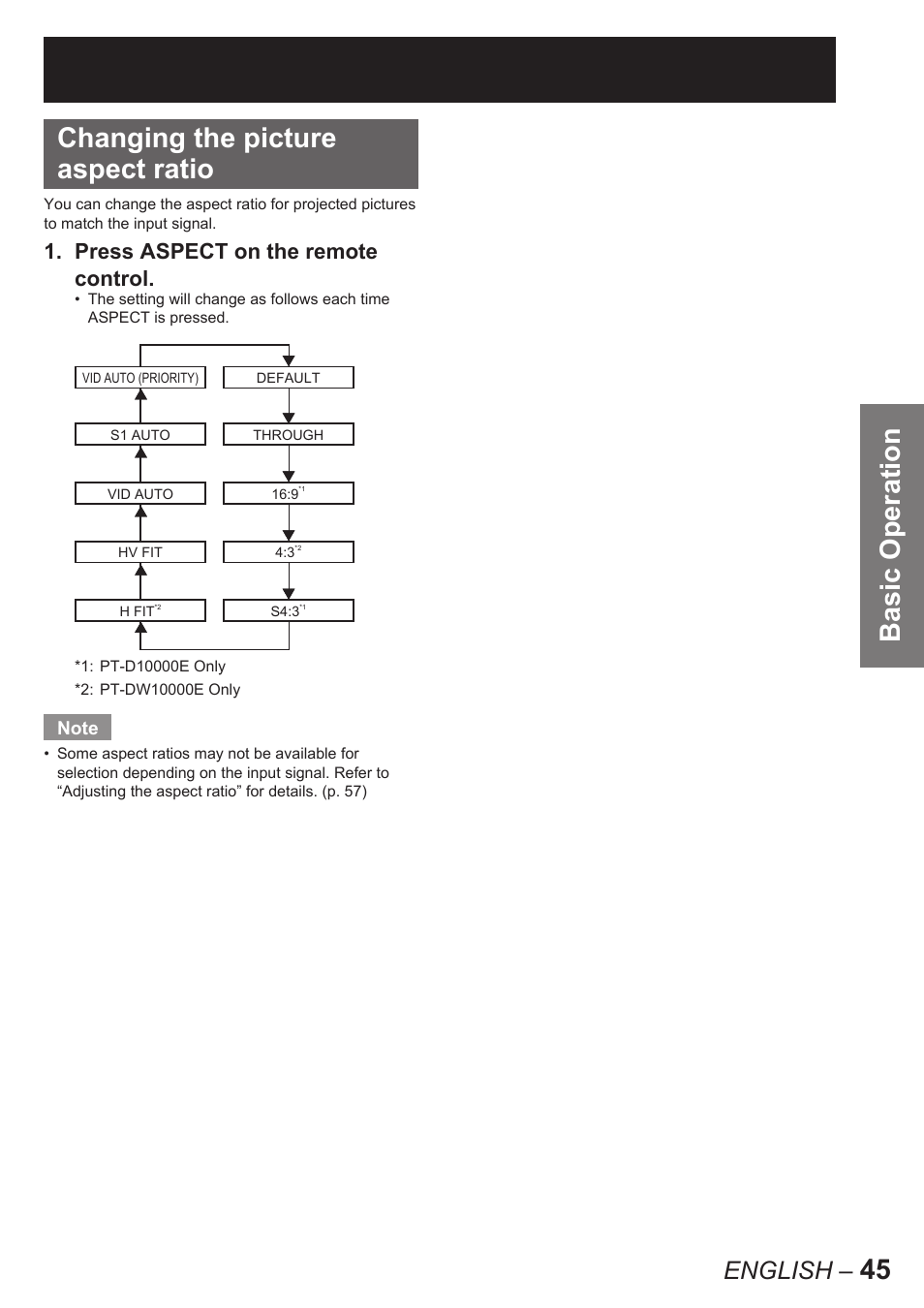 Basic operation, 45 changing the picture aspect ratio, English | Press aspect on the remote control | Panasonic PT-D10000E User Manual | Page 45 / 122