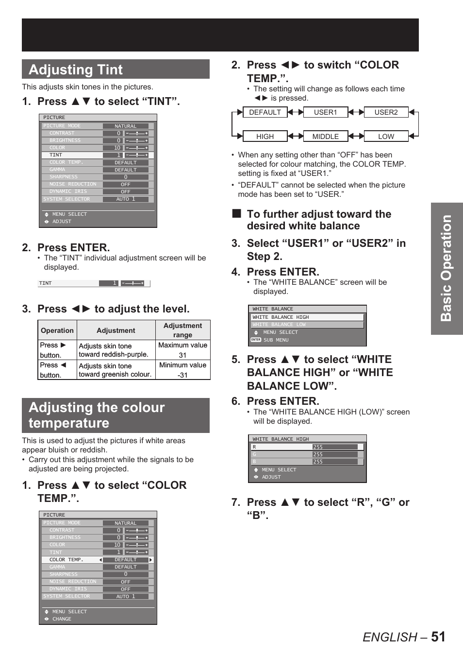 Basic operation, 51 adjusting tint, Adjusting the colour temperature | English, Press ▲▼ to select “tint”. 2. press enter, Press ◄► to adjust the level, Press ▲▼ to select “color temp, Press ◄► to switch “color temp, Press ▲▼ to select “r”, “g” or “b | Panasonic PT-D10000E User Manual | Page 51 / 122