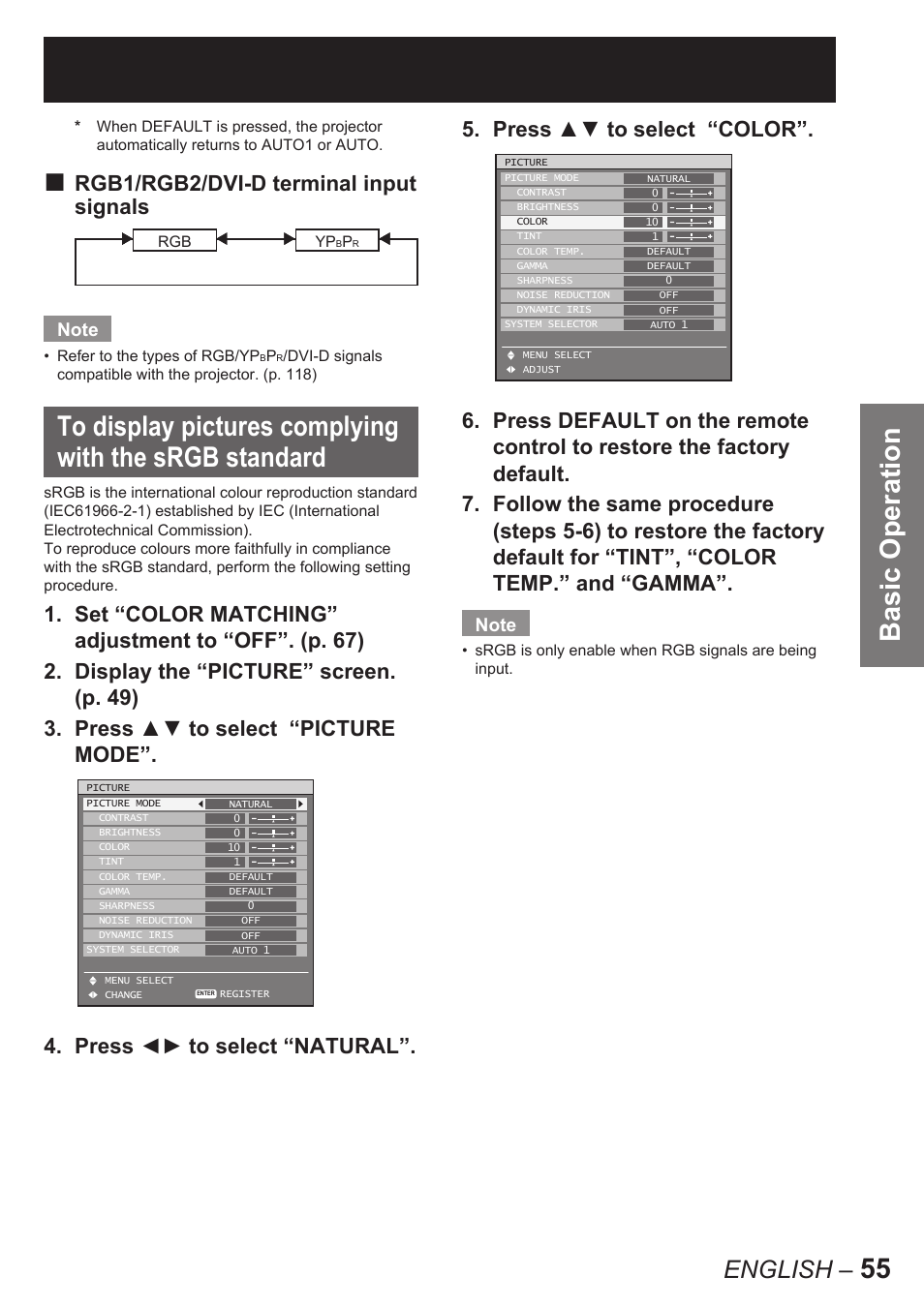 Basic operation, English, Rgb1/rgb2/dvi-d terminal input signals | Panasonic PT-D10000E User Manual | Page 55 / 122