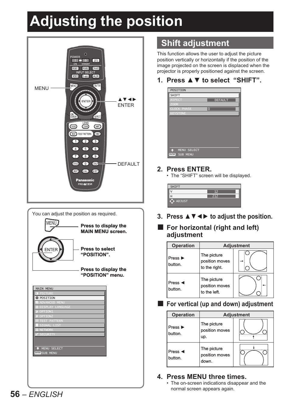 Adjusting the position, Shift adjustment, English | Press ▲▼ to select “shift”. 2. press enter | Panasonic PT-D10000E User Manual | Page 56 / 122