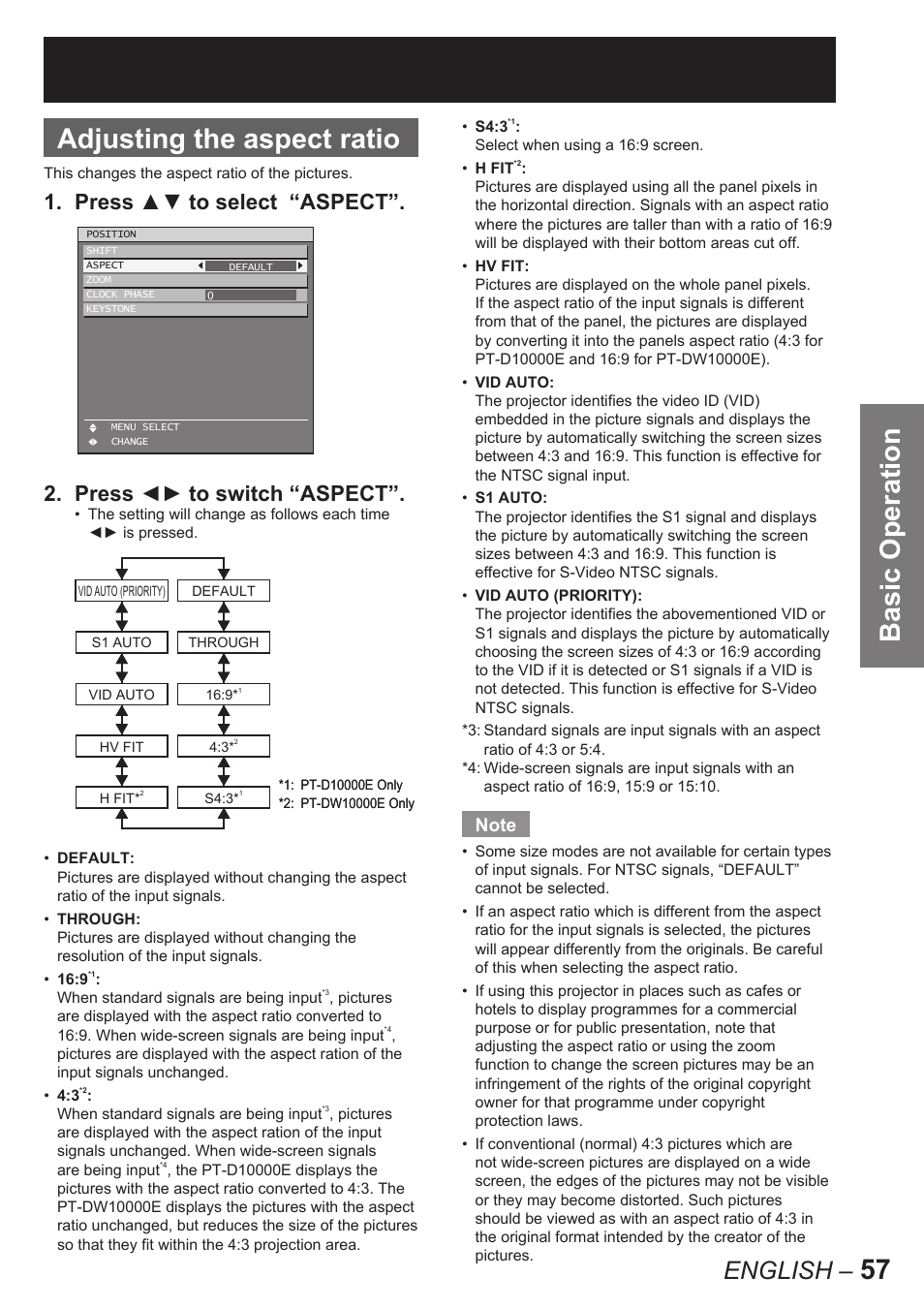 Basic operation, 57 adjusting the aspect ratio, English | Panasonic PT-D10000E User Manual | Page 57 / 122