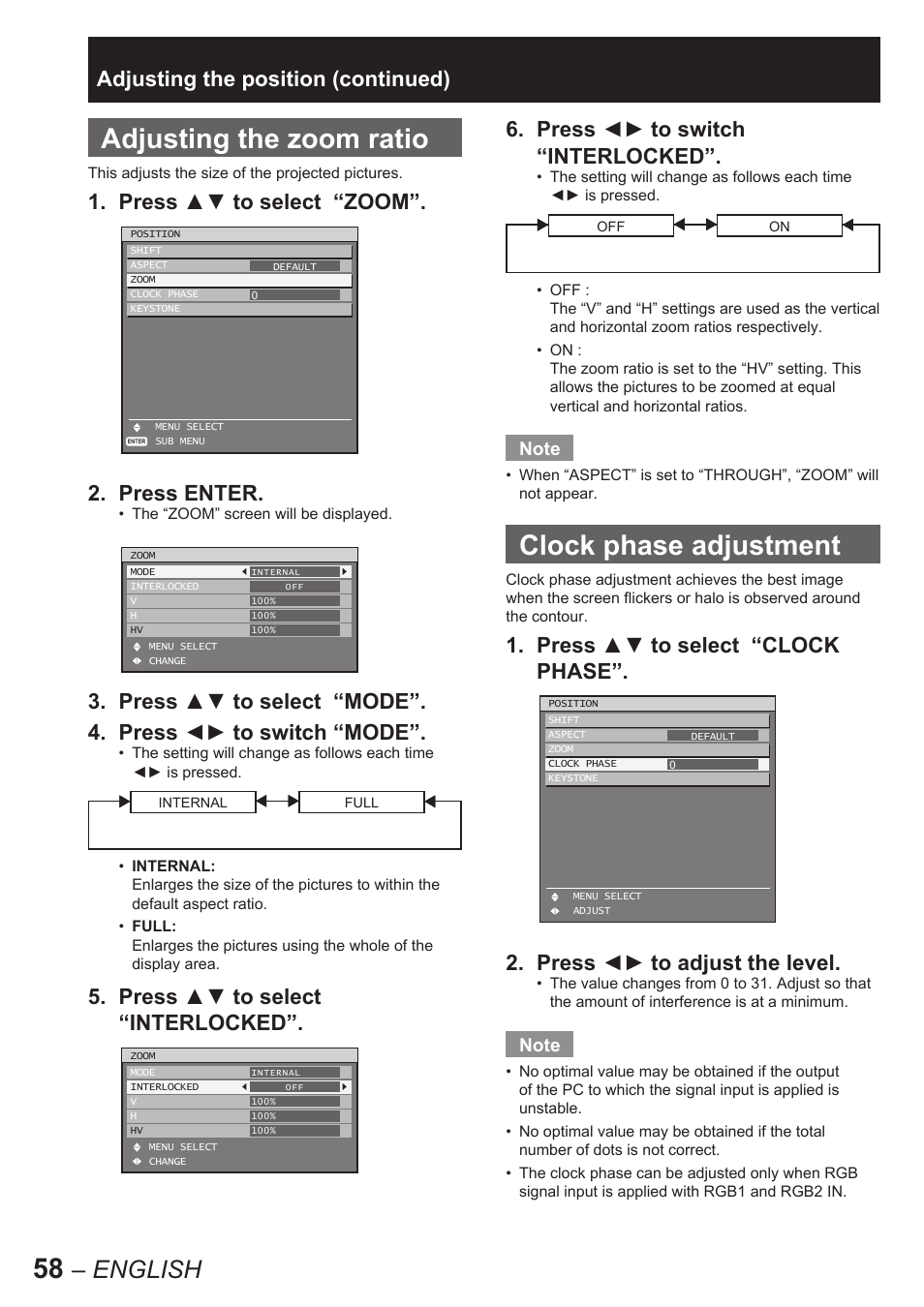Adjusting the zoom ratio, Clock phase adjustment, English | Press ▲▼ to select “zoom”. 2. press enter, Press ▲▼ to select “interlocked, Press ◄► to switch “interlocked, Adjusting the position (continued) | Panasonic PT-D10000E User Manual | Page 58 / 122