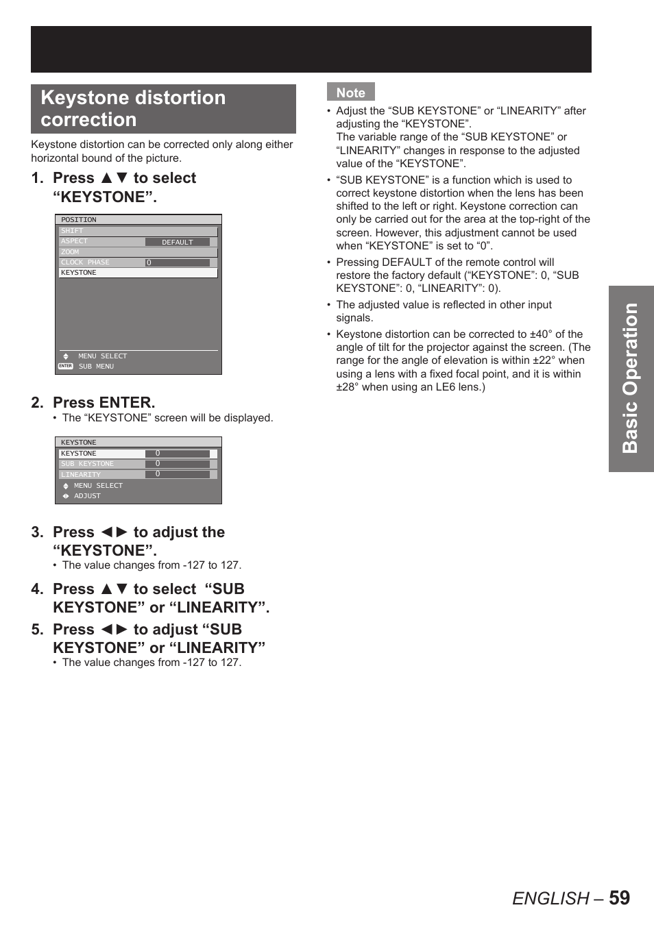 Basic operation, Keystone distortion correction, English | Press ▲▼ to select “keystone”. 2. press enter, Press ◄► to adjust the “keystone | Panasonic PT-D10000E User Manual | Page 59 / 122