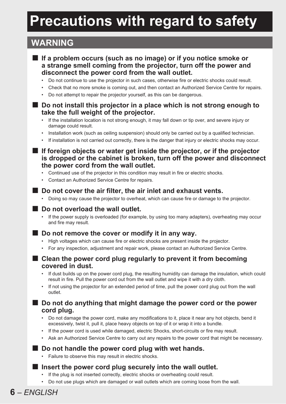 Precautions with regard to safety, Warning | Panasonic PT-D10000E User Manual | Page 6 / 122